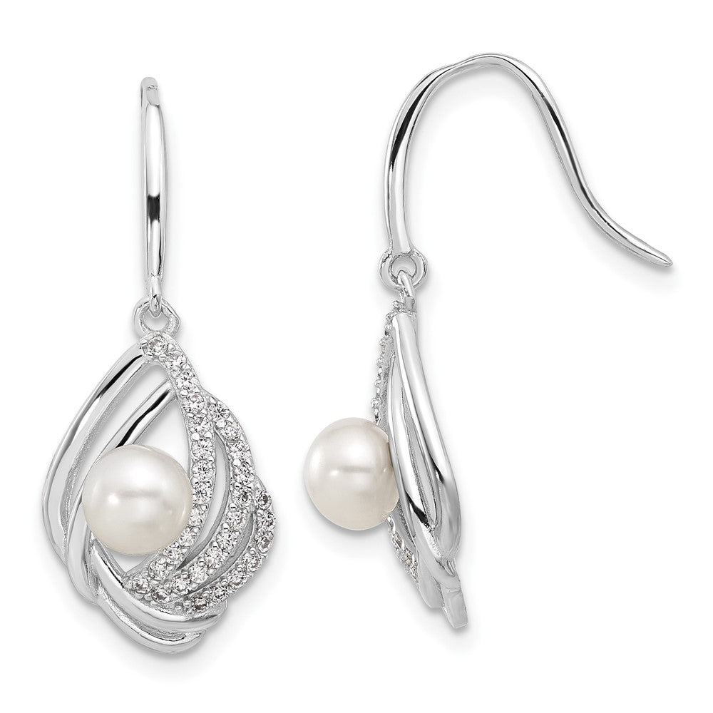 Sterling Silver Cheryl M Rhodium Plated CZ & Fwc Pearl Dangle Earrings
