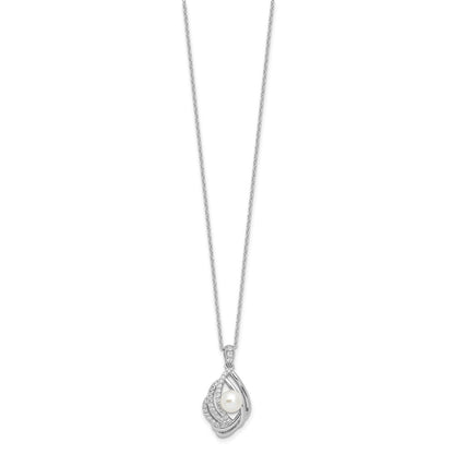 Sterling Silver Cheryl M Rhod-Pltd CZ & Fwc Pearl w/2in Ext Necklace