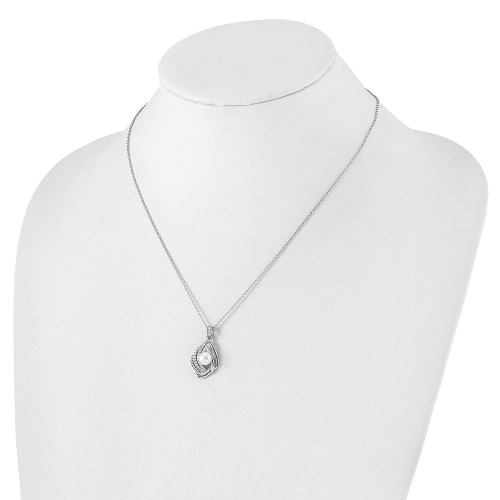 Sterling Silver Cheryl M Rhod-Pltd CZ & Fwc Pearl w/2in Ext Necklace