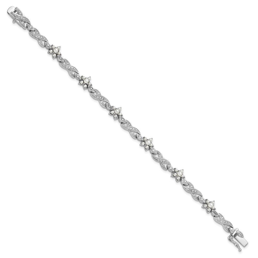 Sterling Silver Cheryl M Rhodium Plated Glass Pearl & CZ Floral Bracelet