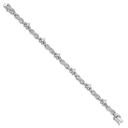 Sterling Silver Cheryl M Rhodium Plated Glass Pearl & CZ Floral Bracelet