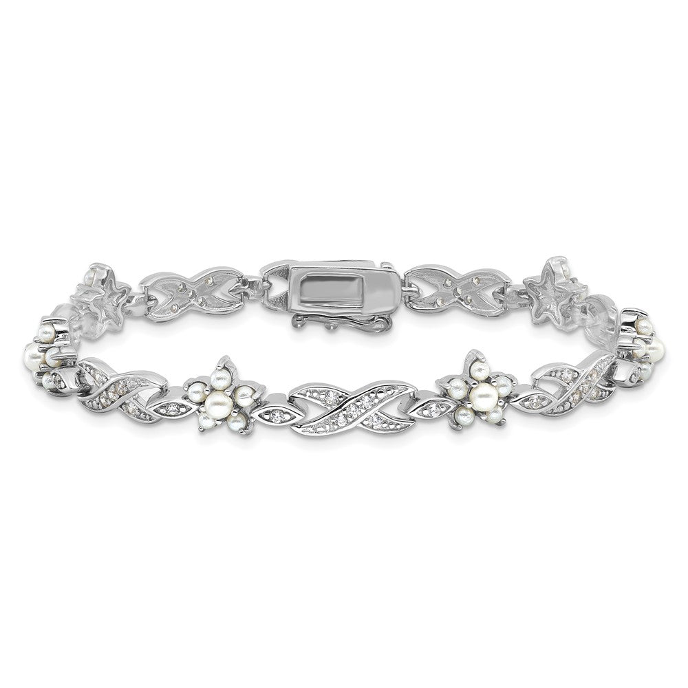 Sterling Silver Cheryl M Rhodium Plated Glass Pearl & CZ Floral Bracelet