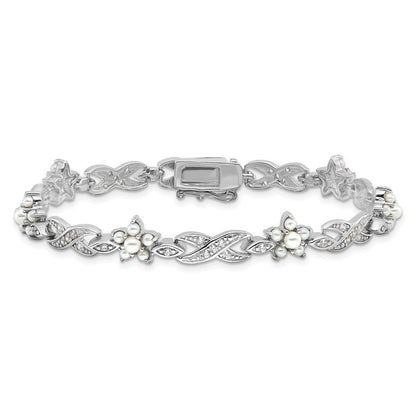 Sterling Silver Cheryl M Rhodium Plated Glass Pearl & CZ Floral Bracelet