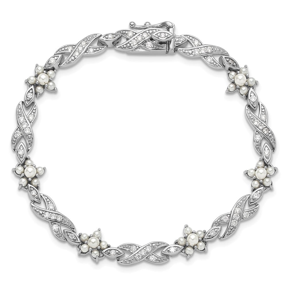 Sterling Silver Cheryl M Rhodium Plated Glass Pearl & CZ Floral Bracelet
