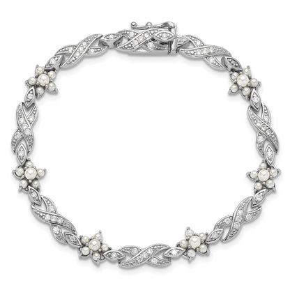 Sterling Silver Cheryl M Rhodium Plated Glass Pearl & CZ Floral Bracelet