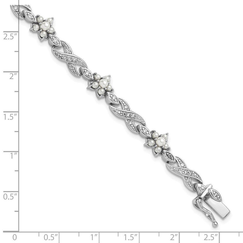 Sterling Silver Cheryl M Rhodium Plated Glass Pearl & CZ Floral Bracelet