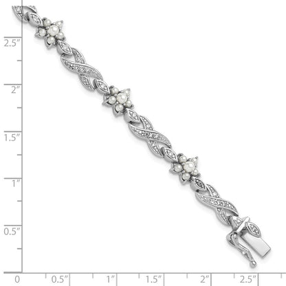Sterling Silver Cheryl M Rhodium Plated Glass Pearl & CZ Floral Bracelet