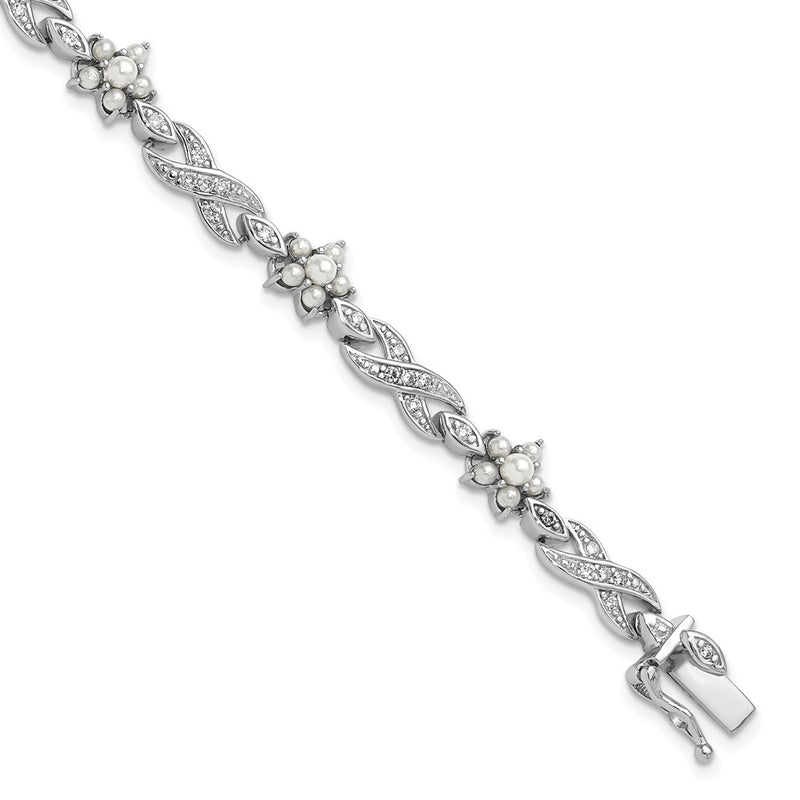 Sterling Silver Cheryl M Rhodium Plated Glass Pearl & CZ Floral Bracelet