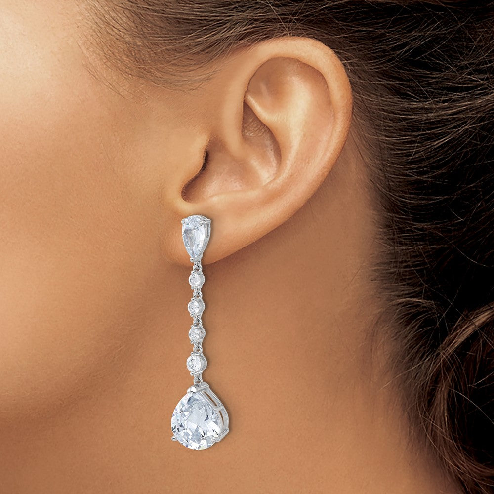 Sterling Silver Cheryl M Rhodium Plated Fancy Pear CZ Post Dangle Earrings