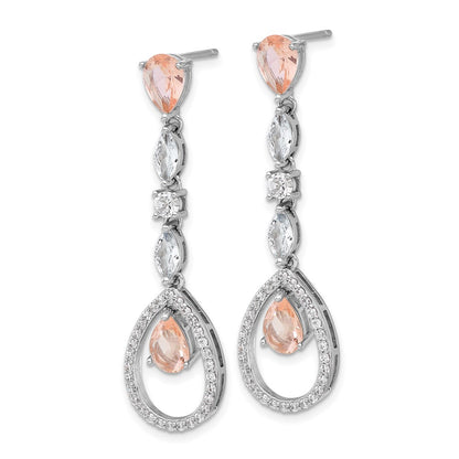 Sterling Silver Cheryl M Rh-Plate Fancy CZ & Simulated Morganite Post Dangle Earrings