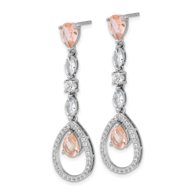 Sterling Silver Cheryl M Rh-Plate Fancy CZ & Simulated Morganite Post Dangle Earrings
