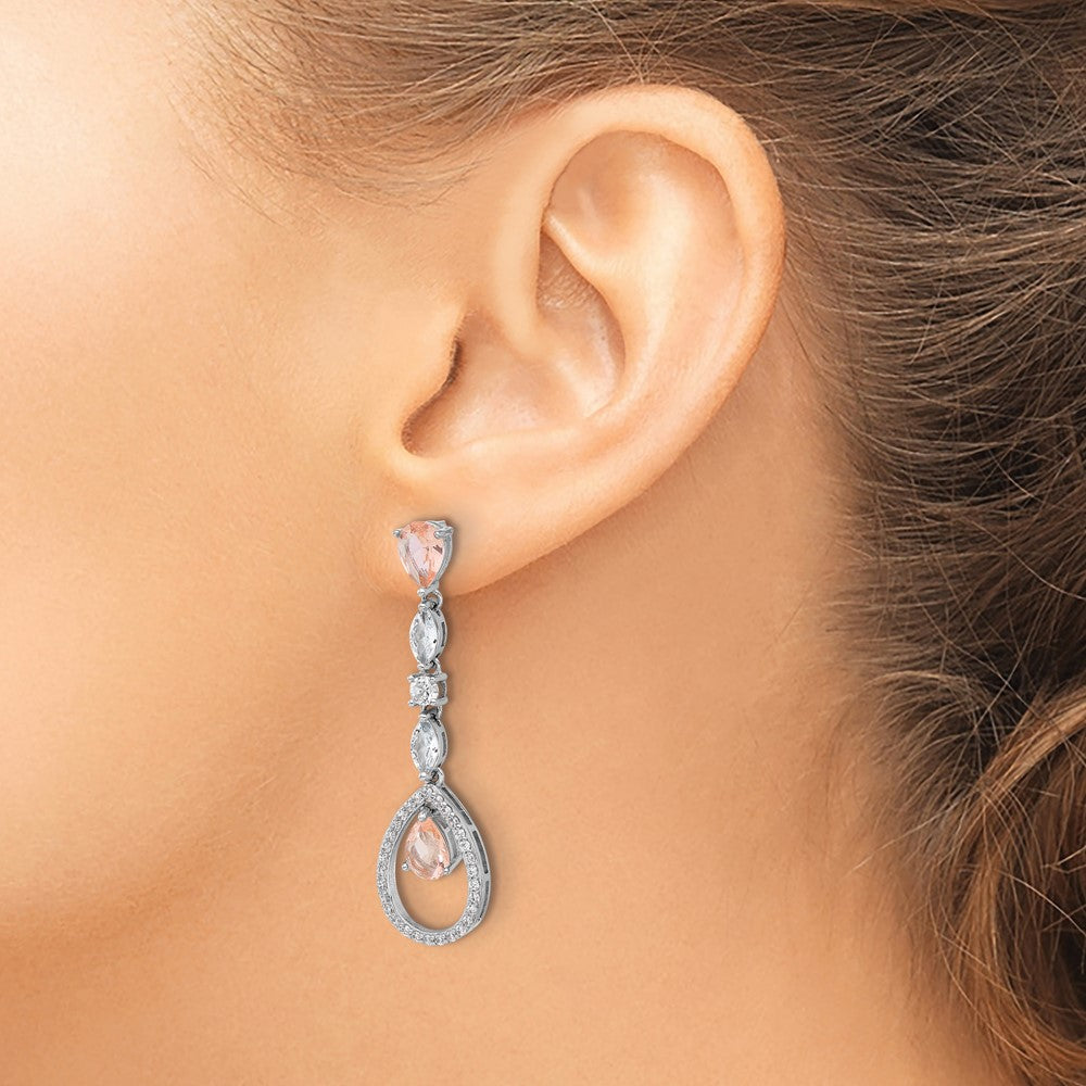 Sterling Silver Cheryl M Rh-Plate Fancy CZ & Simulated Morganite Post Dangle Earrings