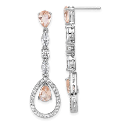 Sterling Silver Cheryl M Rh-Plate Fancy CZ & Simulated Morganite Post Dangle Earrings