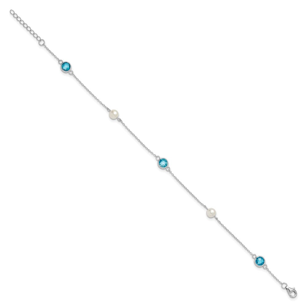 Sterling Silver Cheryl M Rhodium-Plated Blue CZ & Fwc Pearl w/1in Ext Anklet