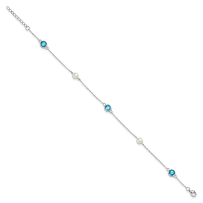 Sterling Silver Cheryl M Rhodium-Plated Blue CZ & Fwc Pearl w/1in Ext Anklet