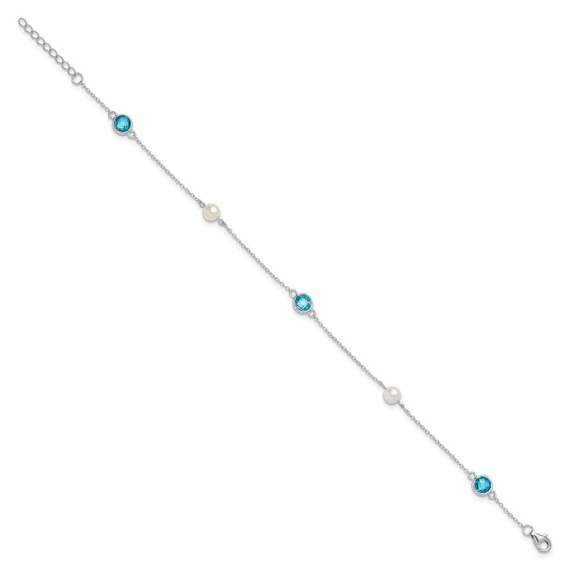 Sterling Silver Cheryl M Rhodium-Plated Blue CZ & Fwc Pearl w/1in Ext Anklet