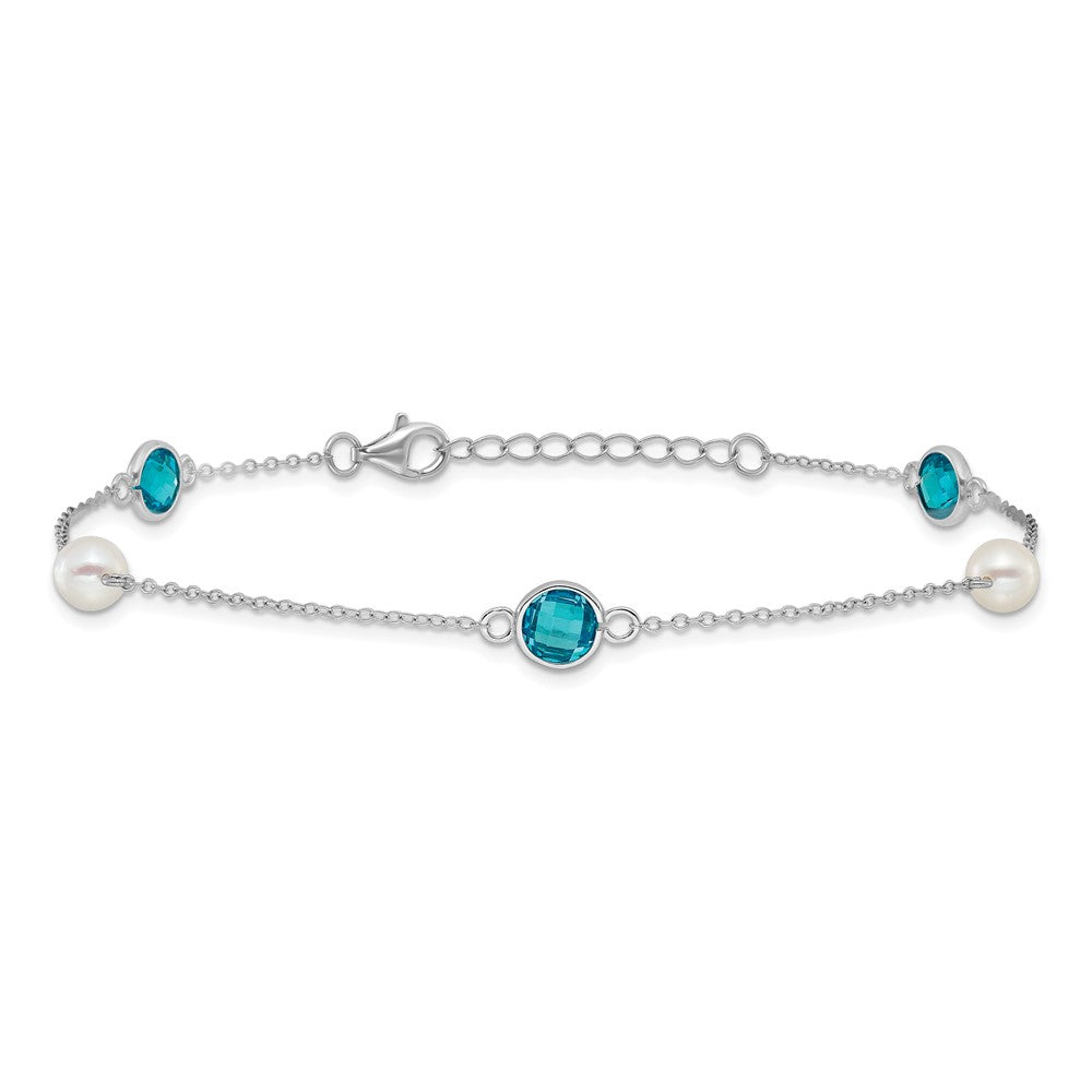 Sterling Silver Cheryl M Rhodium-Plated Blue CZ & Fwc Pearl w/1in Ext Anklet