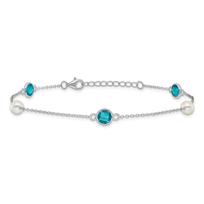 Sterling Silver Cheryl M Rhodium-Plated Blue CZ & Fwc Pearl w/1in Ext Anklet