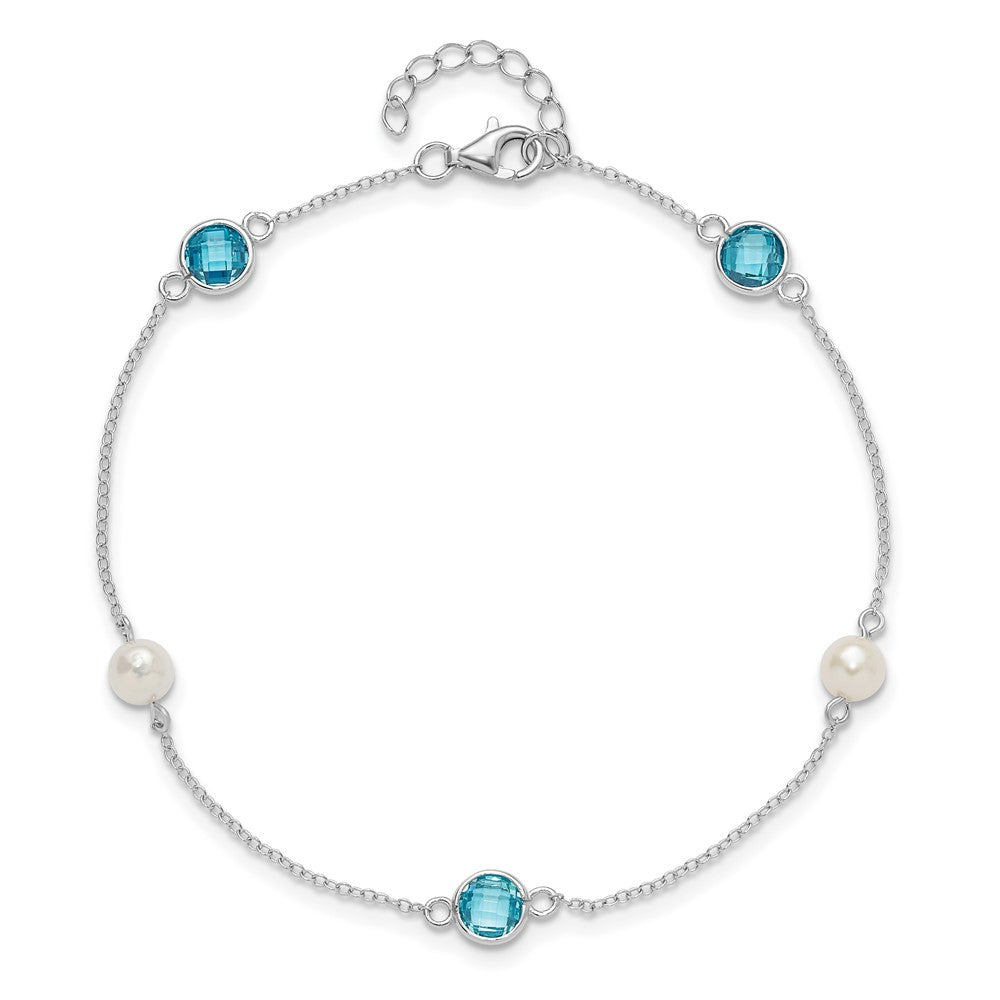 Sterling Silver Cheryl M Rhodium-Plated Blue CZ & Fwc Pearl w/1in Ext Anklet