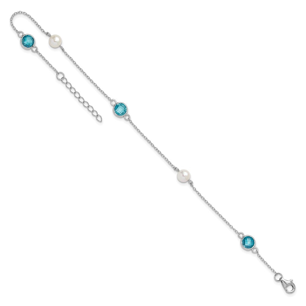 Sterling Silver Cheryl M Rhodium-Plated Blue CZ & Fwc Pearl w/1in Ext Anklet