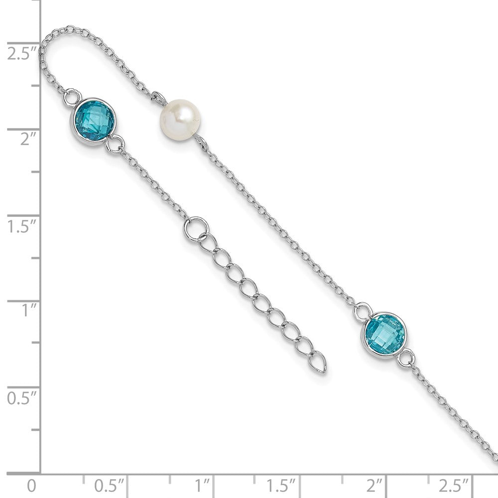 Sterling Silver Cheryl M Rhodium-Plated Blue CZ & Fwc Pearl w/1in Ext Anklet