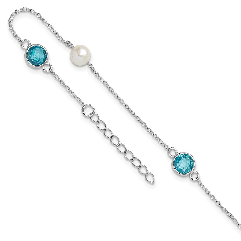 Sterling Silver Cheryl M Rhodium-Plated Blue CZ & Fwc Pearl w/1in Ext Anklet