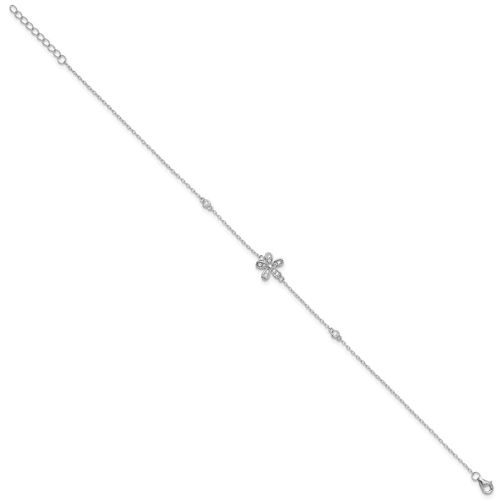 Sterling Silver Cheryl M Rhodium-Plated CZ Flower W/ 1in Ext. Anklet