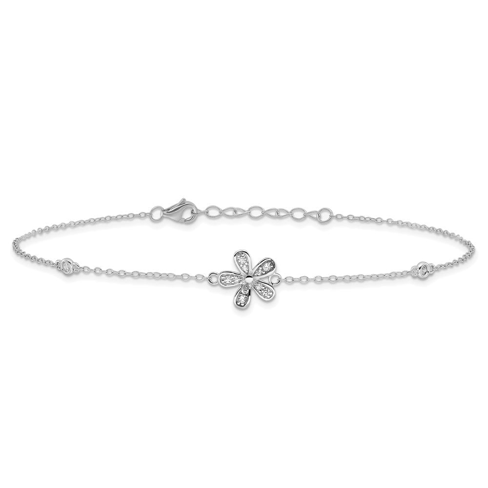 Sterling Silver Cheryl M Rhodium-Plated CZ Flower W/ 1in Ext. Anklet