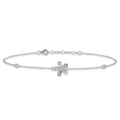 Sterling Silver Cheryl M Rhodium-Plated CZ Flower W/ 1in Ext. Anklet
