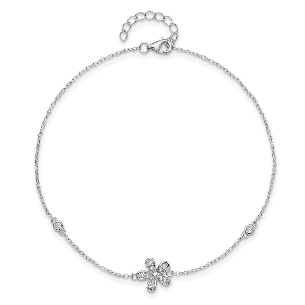 Sterling Silver Cheryl M Rhodium-Plated CZ Flower W/ 1in Ext. Anklet