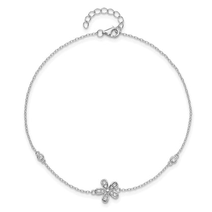 Sterling Silver Cheryl M Rhodium-Plated CZ Flower W/ 1in Ext. Anklet