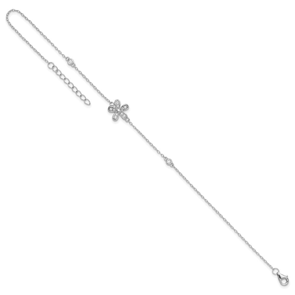 Sterling Silver Cheryl M Rhodium-Plated CZ Flower W/ 1in Ext. Anklet