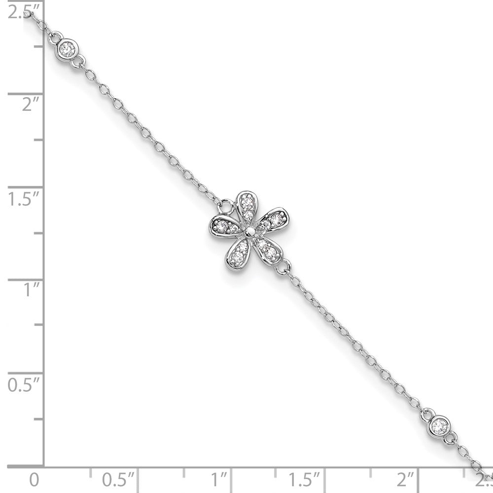 Sterling Silver Cheryl M Rhodium-Plated CZ Flower W/ 1in Ext. Anklet