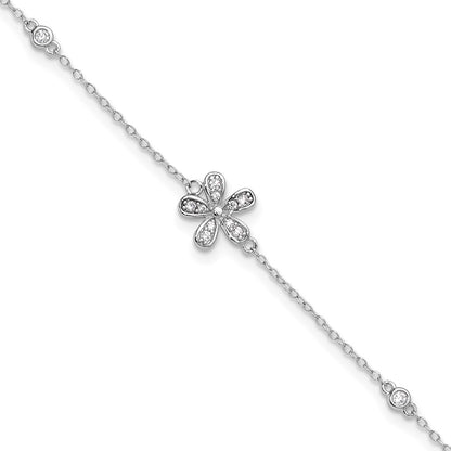 Sterling Silver Cheryl M Rhodium-Plated CZ Flower W/ 1in Ext. Anklet