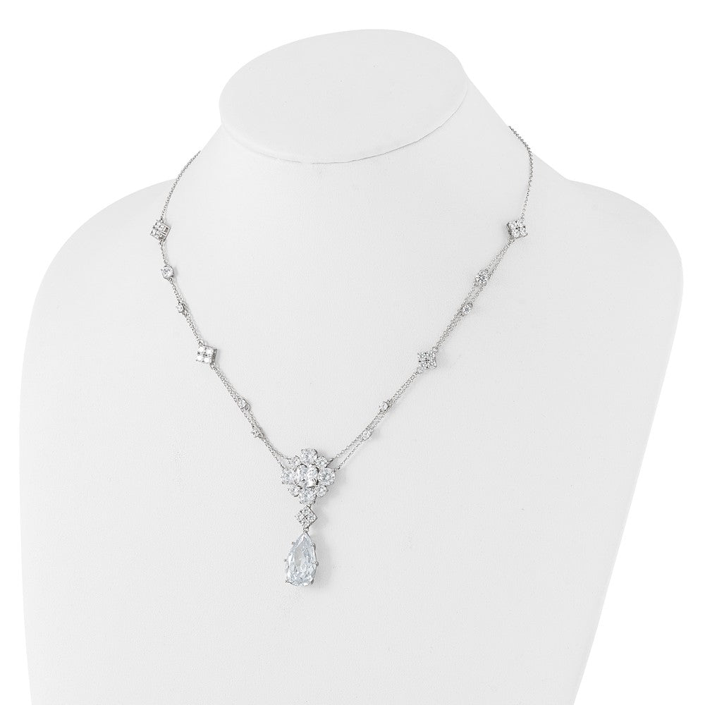 Sterling Silver Cheryl M Rhodium Plated Fancy Teardrop CZ Dangle Necklace