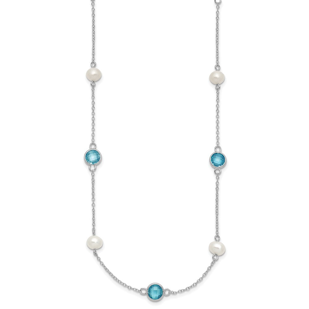 Sterling Silver Cheryl M Rhod-Pltd Blue CZ & Fwc Pearl Station w/2in Ext Necklace