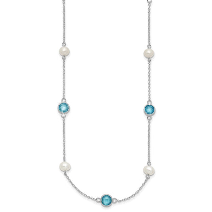 Sterling Silver Cheryl M Rhod-Pltd Blue CZ & Fwc Pearl Station w/2in Ext Necklace