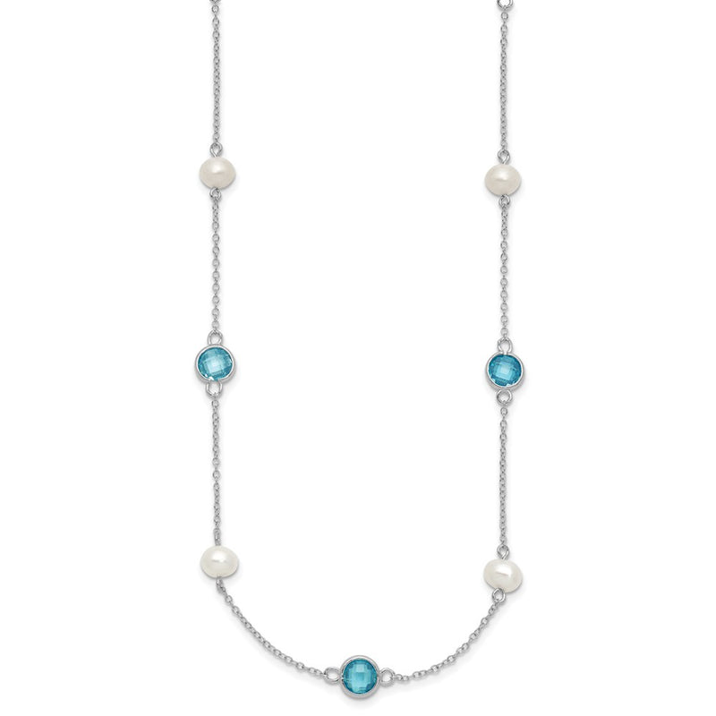 Sterling Silver Cheryl M Rhod-Pltd Blue CZ & Fwc Pearl Station w/2in Ext Necklace