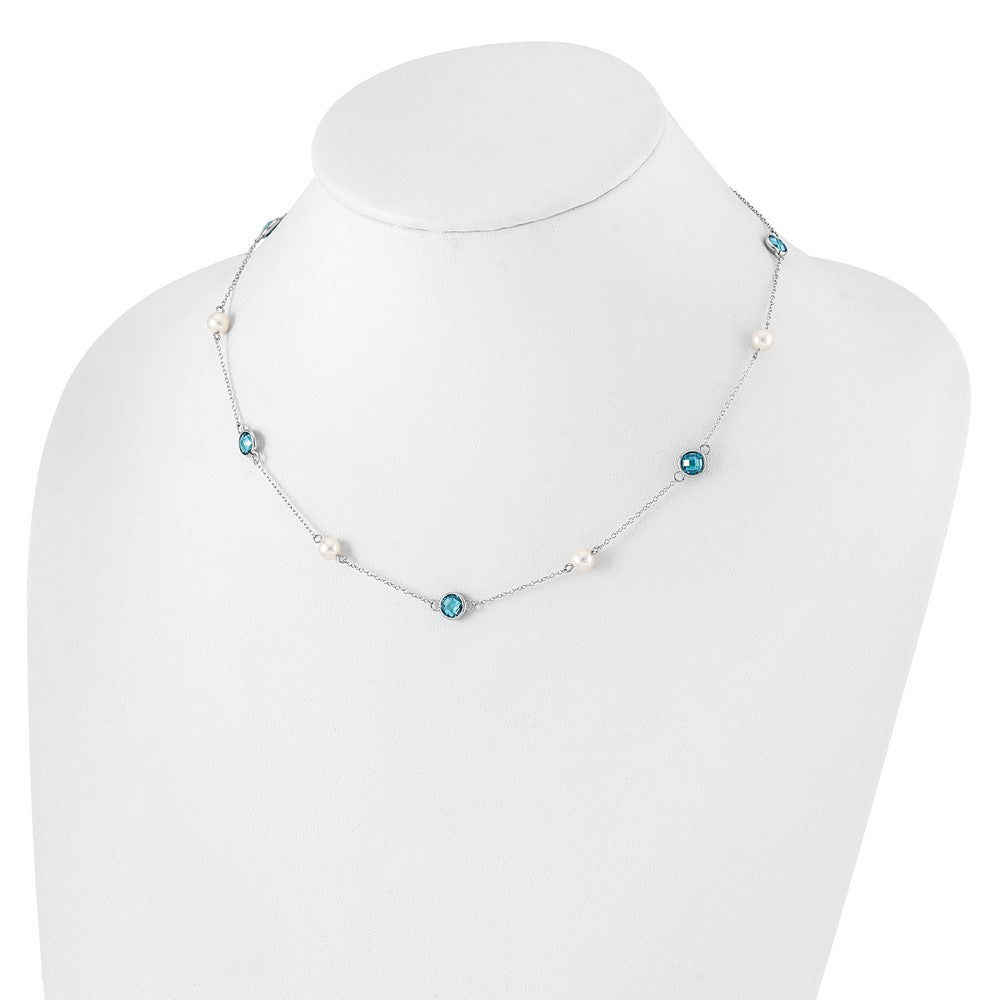 Sterling Silver Cheryl M Rhod-Pltd Blue CZ & Fwc Pearl Station w/2in Ext Necklace