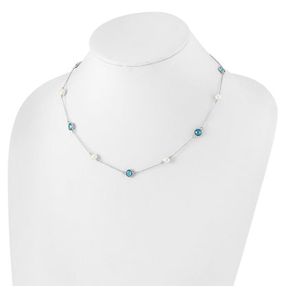 Sterling Silver Cheryl M Rhod-Pltd Blue CZ & Fwc Pearl Station w/2in Ext Necklace