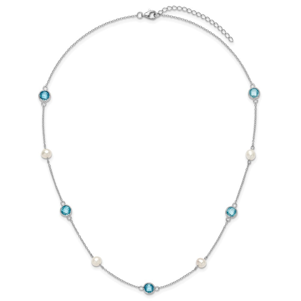 Sterling Silver Cheryl M Rhod-Pltd Blue CZ & Fwc Pearl Station w/2in Ext Necklace