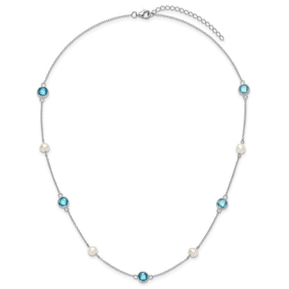 Sterling Silver Cheryl M Rhod-Pltd Blue CZ & Fwc Pearl Station w/2in Ext Necklace