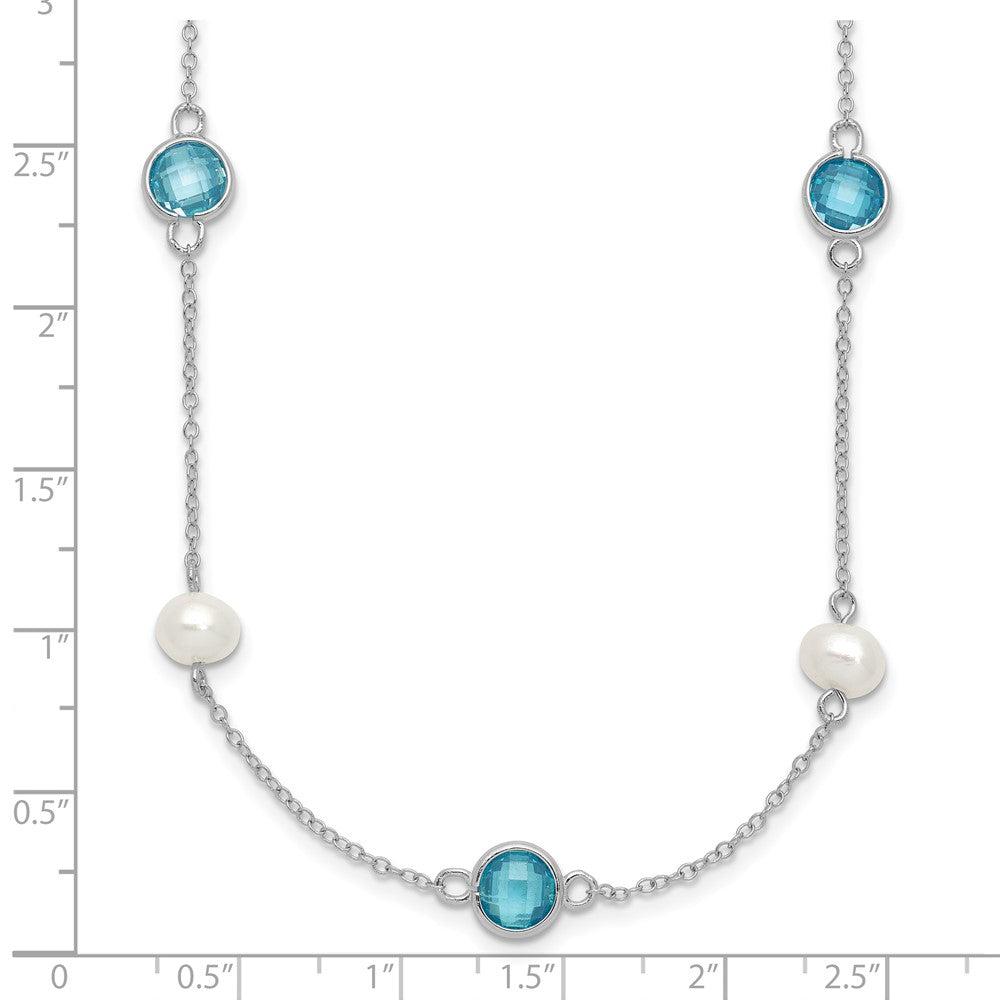 Sterling Silver Cheryl M Rhod-Pltd Blue CZ & Fwc Pearl Station w/2in Ext Necklace