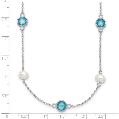 Sterling Silver Cheryl M Rhod-Pltd Blue CZ & Fwc Pearl Station w/2in Ext Necklace