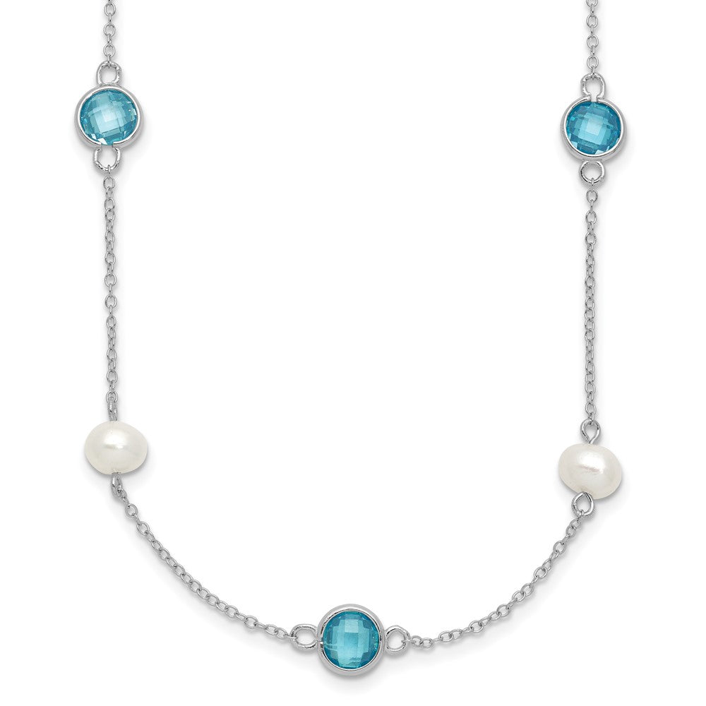Sterling Silver Cheryl M Rhod-Pltd Blue CZ & Fwc Pearl Station w/2in Ext Necklace