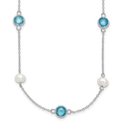 Sterling Silver Cheryl M Rhod-Pltd Blue CZ & Fwc Pearl Station w/2in Ext Necklace