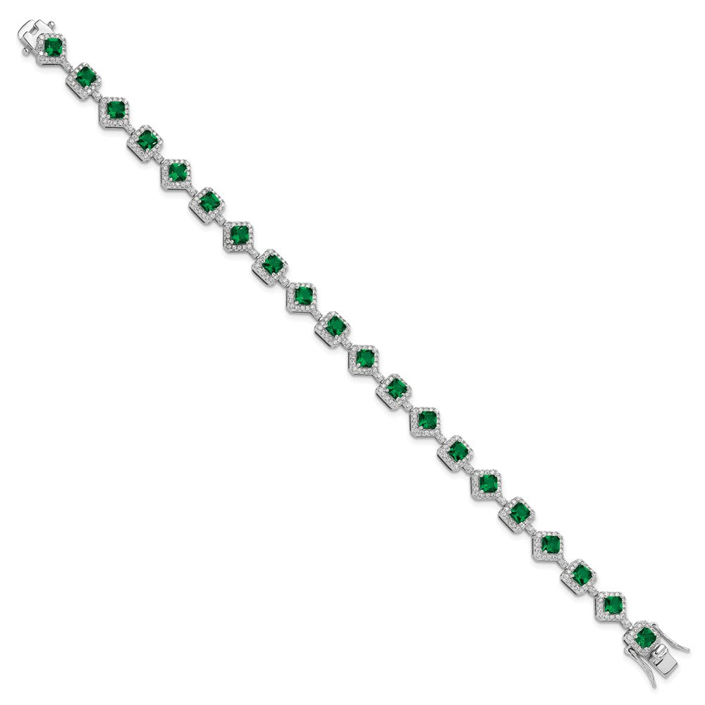 Sterling Silver Cheryl M Rhodium Plated Fancy CZ & Green Glass Bracelet