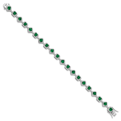 Sterling Silver Cheryl M Rhodium Plated Fancy CZ & Green Glass Bracelet