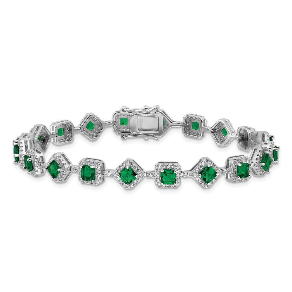 Sterling Silver Cheryl M Rhodium Plated Fancy CZ & Green Glass Bracelet