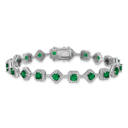 Sterling Silver Cheryl M Rhodium Plated Fancy CZ & Green Glass Bracelet